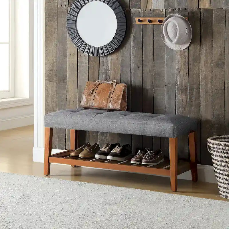 Entryway Bench Button Tufted Cushion Slatted Shoe Shelf Tapered Oak Legs Solid Wood 300 lb