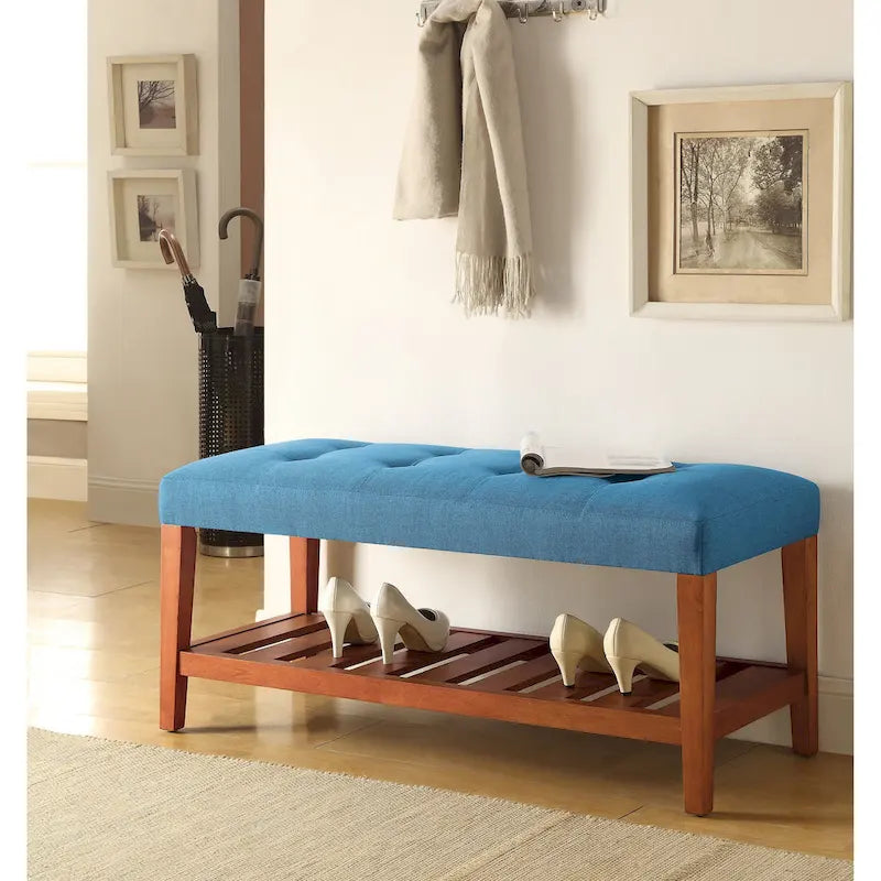 Entryway Bench Button Tufted Cushion Slatted Shoe Shelf Tapered Oak Legs Solid Wood 300 lb