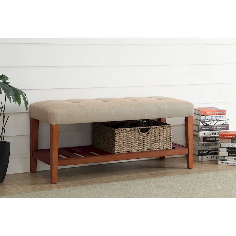 Entryway Bench Button Tufted Cushion Slatted Shoe Shelf Tapered Oak Legs Solid Wood 300 lb