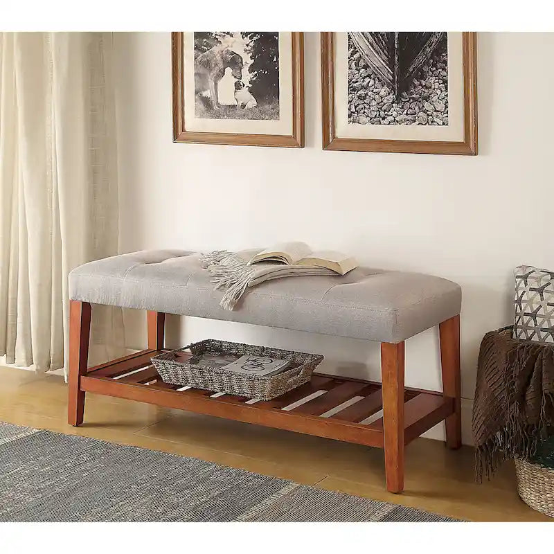 Entryway Bench Button Tufted Cushion Slatted Shoe Shelf Tapered Oak Legs Solid Wood 300 lb