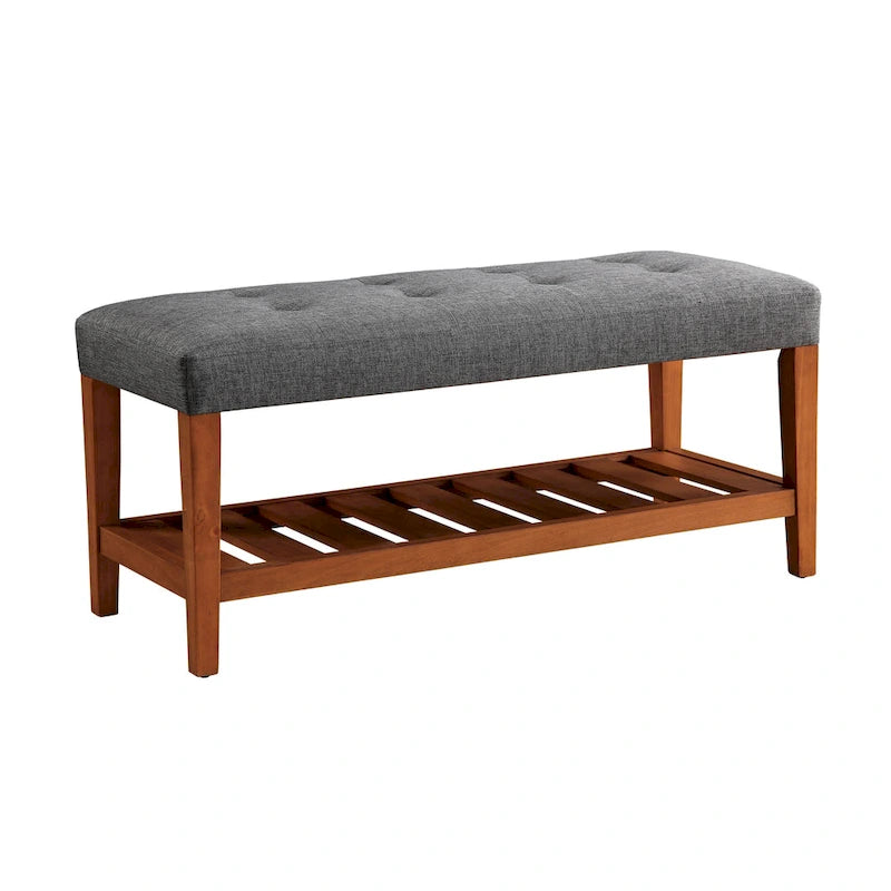 Entryway Bench Button Tufted Cushion Slatted Shoe Shelf Tapered Oak Legs Solid Wood 300 lb