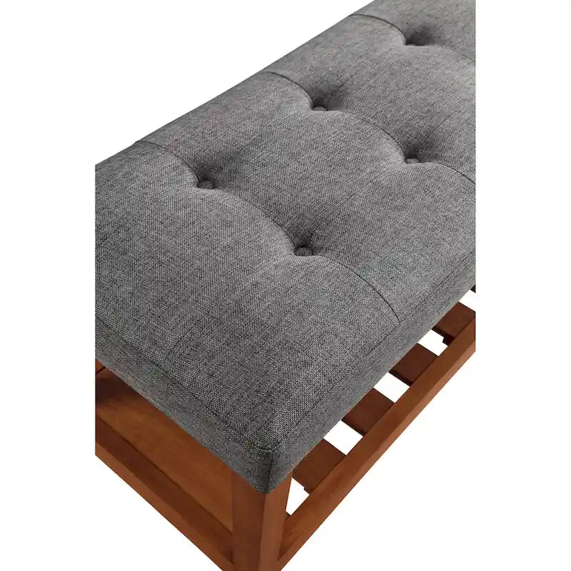 Entryway Bench Button Tufted Cushion Slatted Shoe Shelf Tapered Oak Legs Solid Wood 300 lb