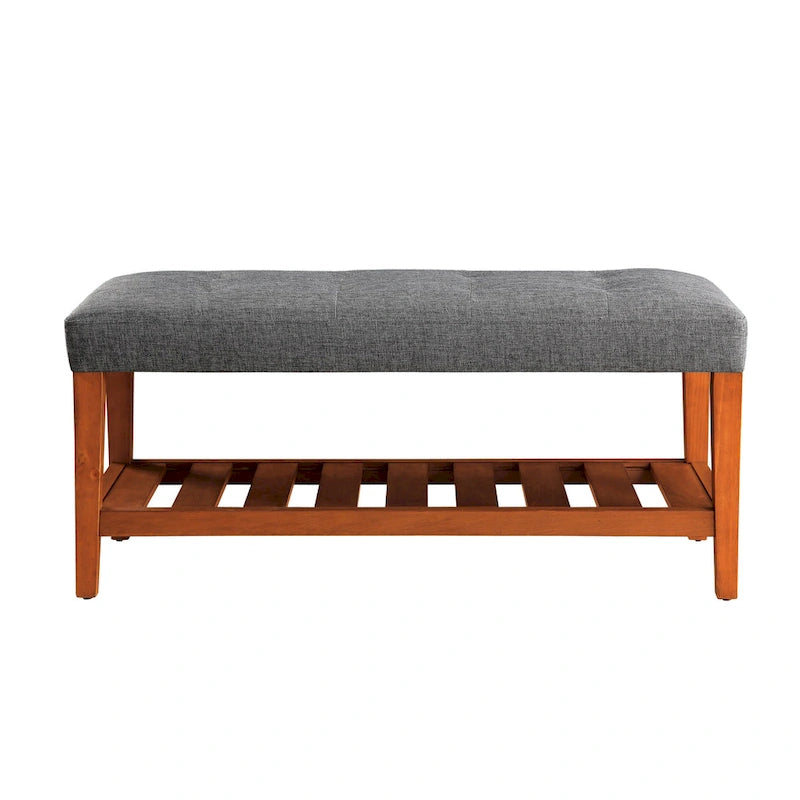 Entryway Bench Button Tufted Cushion Slatted Shoe Shelf Tapered Oak Legs Solid Wood 300 lb