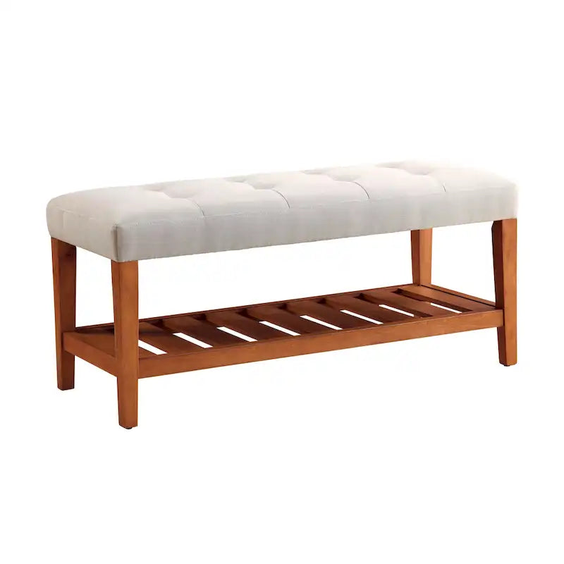 Entryway Bench Button Tufted Cushion Slatted Shoe Shelf Tapered Oak Legs Solid Wood 300 lb