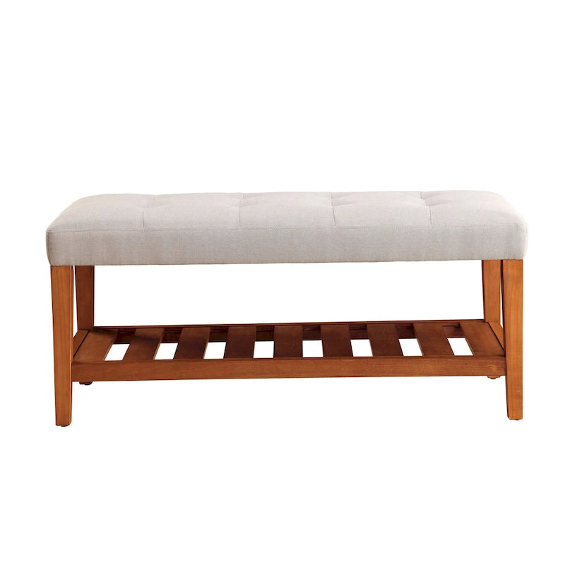 Entryway Bench Button Tufted Cushion Slatted Shoe Shelf Tapered Oak Legs Solid Wood 300 lb