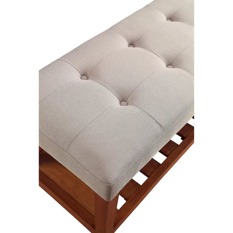 Entryway Bench Button Tufted Cushion Slatted Shoe Shelf Tapered Oak Legs Solid Wood 300 lb