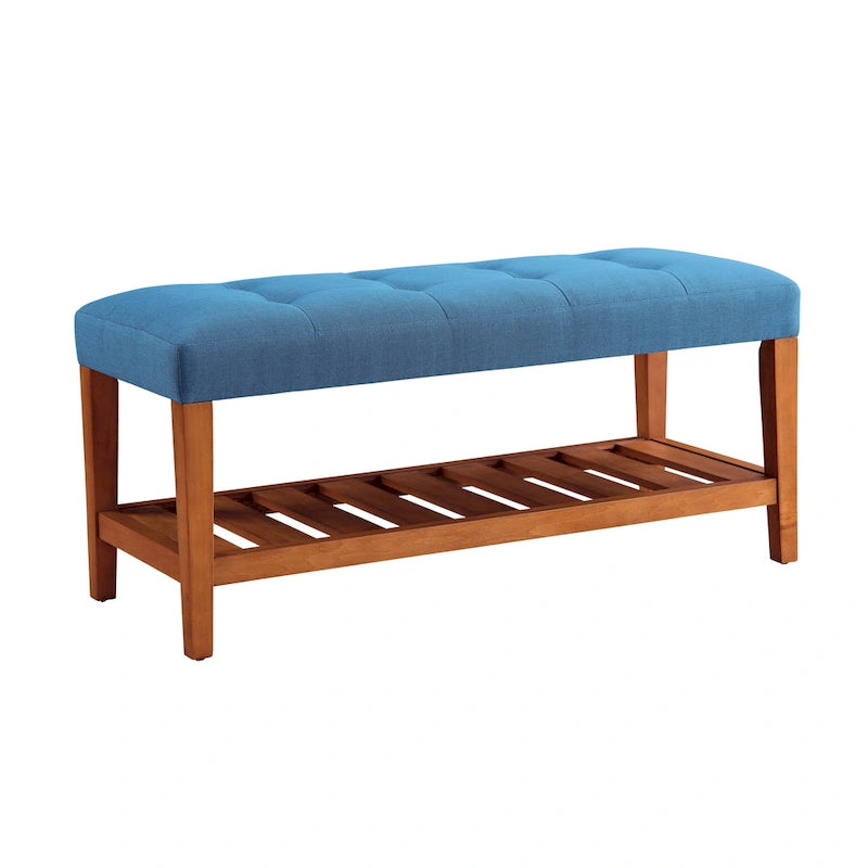 Entryway Bench Button Tufted Cushion Slatted Shoe Shelf Tapered Oak Legs Solid Wood 300 lb