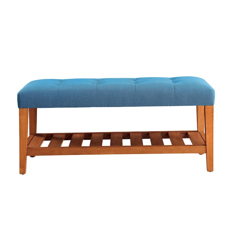 Entryway Bench Button Tufted Cushion Slatted Shoe Shelf Tapered Oak Legs Solid Wood 300 lb