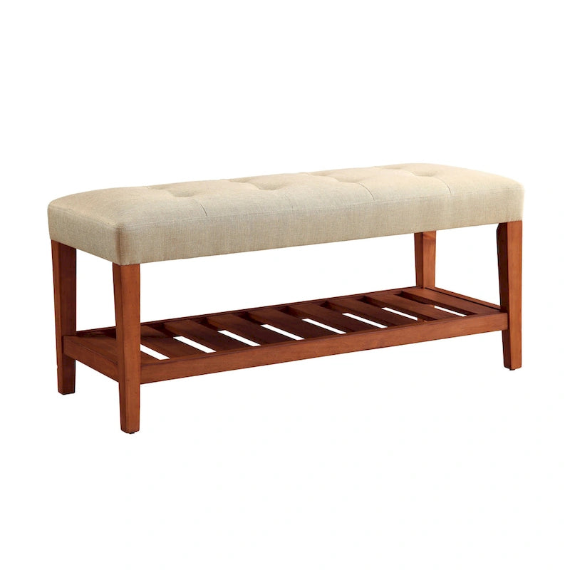 Entryway Bench Button Tufted Cushion Slatted Shoe Shelf Tapered Oak Legs Solid Wood 300 lb