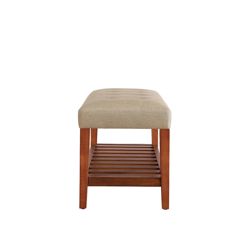 Entryway Bench Button Tufted Cushion Slatted Shoe Shelf Tapered Oak Legs Solid Wood 300 lb