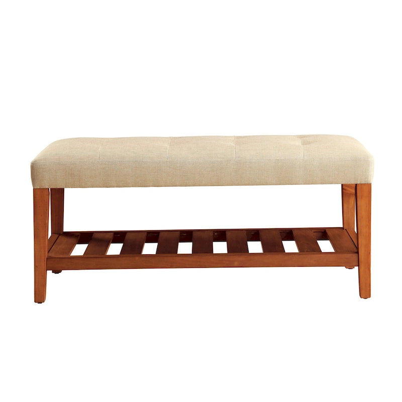 Entryway Bench Button Tufted Cushion Slatted Shoe Shelf Tapered Oak Legs Solid Wood 300 lb