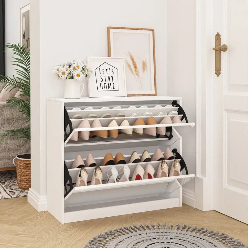 White Flip Down Shoe Cabinet 2 Drawers 6 Tiers Holds 18 Pairs Entryway Storage