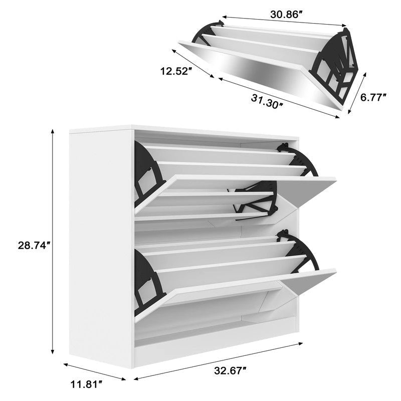 White Flip Down Shoe Cabinet 2 Drawers 6 Tiers Holds 18 Pairs Entryway Storage