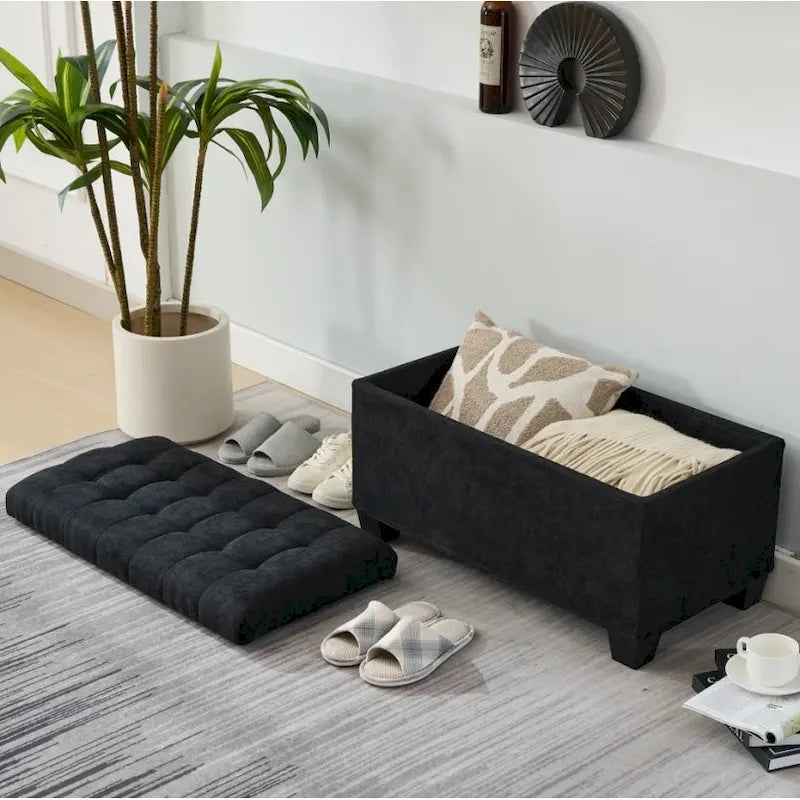 Storage Ottoman Bench Removable Tufted Cushion Lid 660 lb Capacity Steel Frame Linen Black
