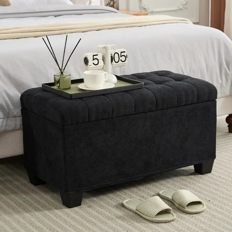 Storage Ottoman Bench Removable Tufted Cushion Lid 660 lb Capacity Steel Frame Linen Black