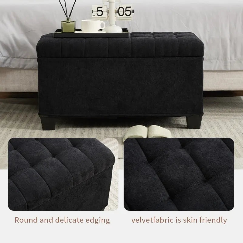 Storage Ottoman Bench Removable Tufted Cushion Lid 660 lb Capacity Steel Frame Linen Black
