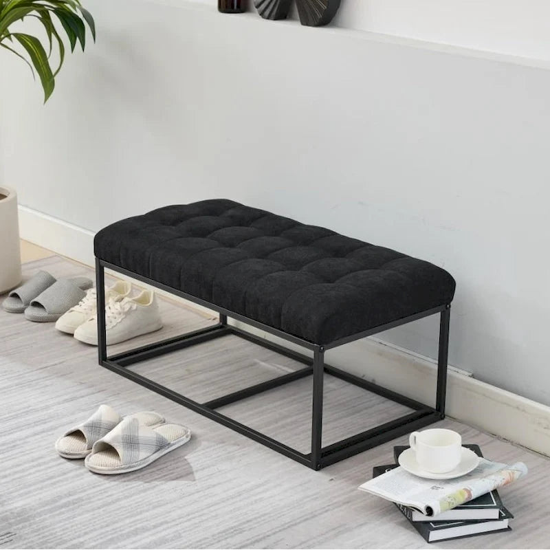Storage Ottoman Bench Removable Tufted Cushion Lid 660 lb Capacity Steel Frame Linen Black