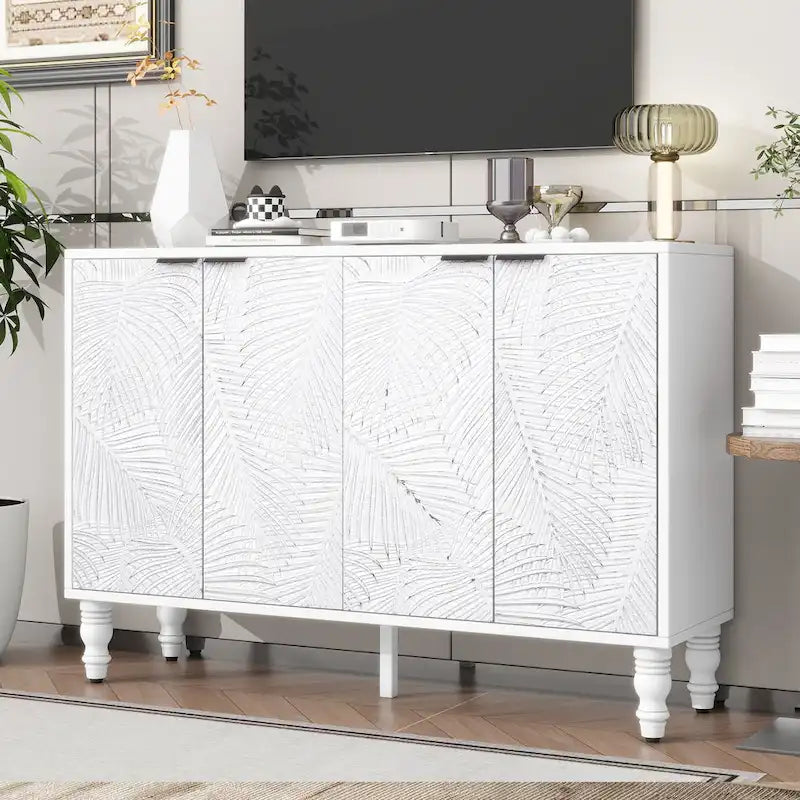 White TV Stand Media Console 4 Door Embossed Leaf Panel Turned Wood Legs Adjustable Shelf