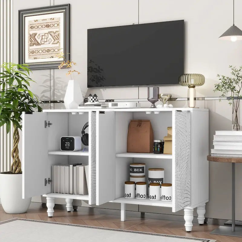 White TV Stand Media Console 4 Door Embossed Leaf Panel Turned Wood Legs Adjustable Shelf