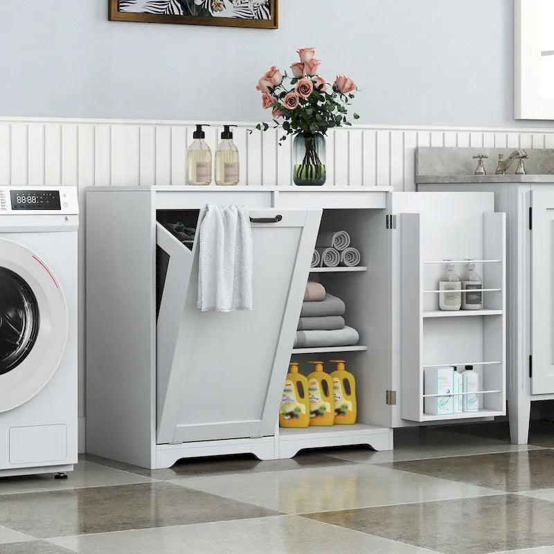 Laundry Room Cabinet Tilt-Out Hamper Adjustable Shelves Door-Mount Wire Basket Particle Board