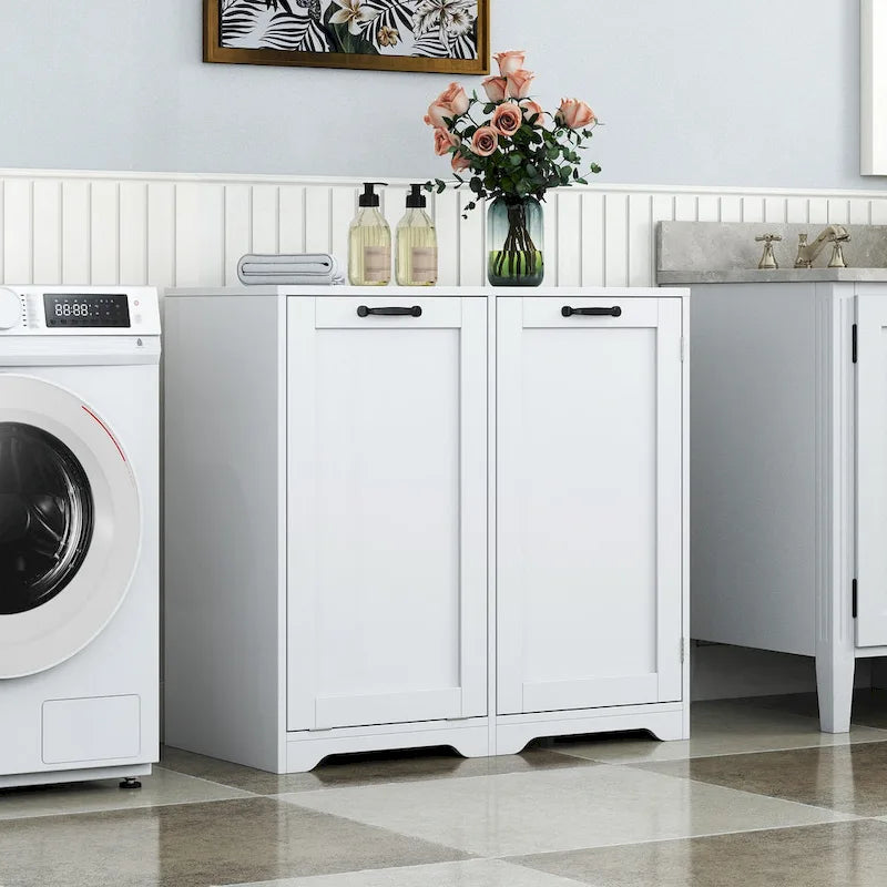 Laundry Room Cabinet Tilt-Out Hamper Adjustable Shelves Door-Mount Wire Basket Particle Board