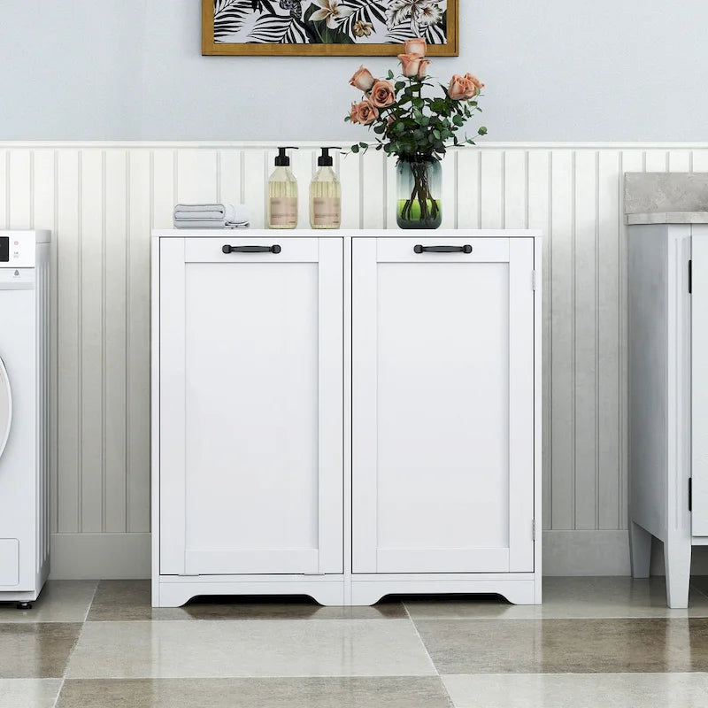 Laundry Room Cabinet Tilt-Out Hamper Adjustable Shelves Door-Mount Wire Basket Particle Board