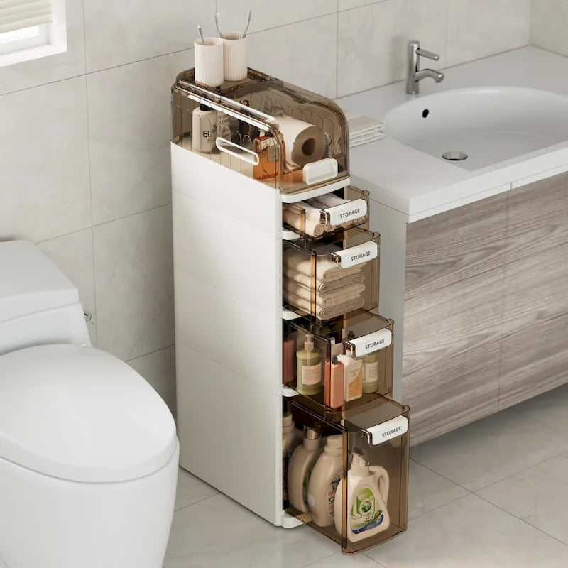 White Slim 5 Tier Bathroom Storage Cabinet Transparent Drawers Rolling Wheels Narrow