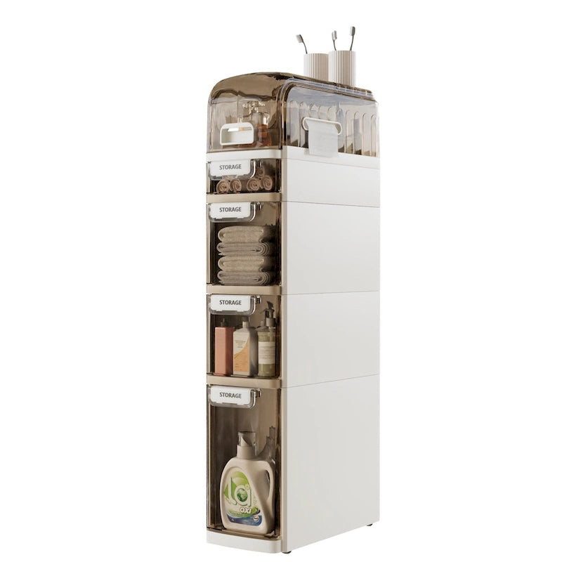 White Slim 5 Tier Bathroom Storage Cabinet Transparent Drawers Rolling Wheels Narrow