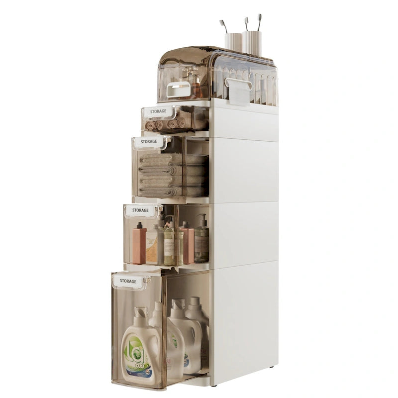 White Slim 5 Tier Bathroom Storage Cabinet Transparent Drawers Rolling Wheels Narrow