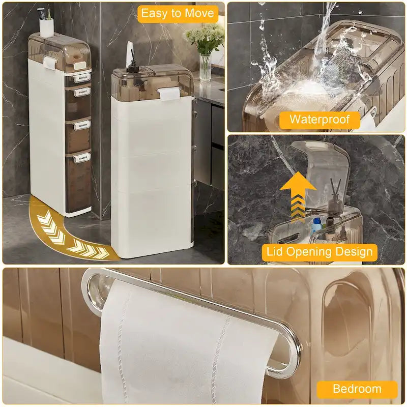 White Slim 5 Tier Bathroom Storage Cabinet Transparent Drawers Rolling Wheels Narrow