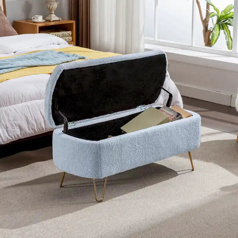 Storage Ottoman Bench Boucle Fabric Rounded Ends Flip Top Lid Safety Hinge Gold Hairpin Legs