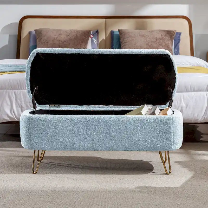 Storage Ottoman Bench Boucle Fabric Rounded Ends Flip Top Lid Safety Hinge Gold Hairpin Legs