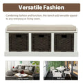 Entryway Storage Bench Removable Linen Cushion 3 Woven Rattan Baskets Leather Pull MDF Frame