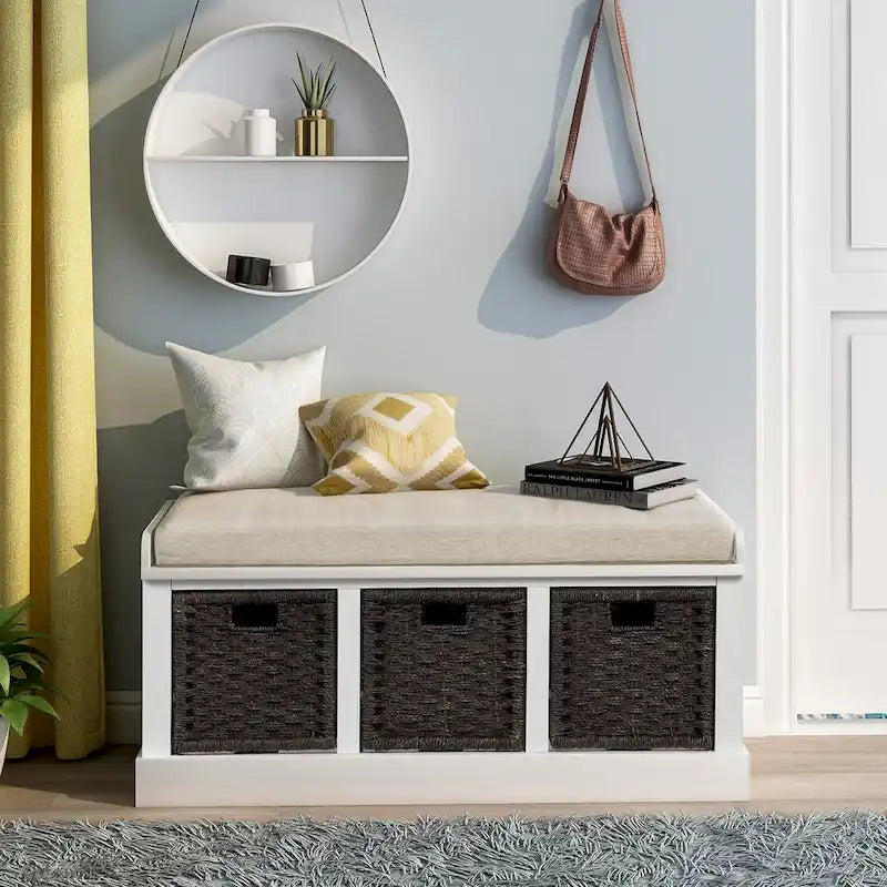 Entryway Storage Bench Removable Linen Cushion 3 Woven Rattan Baskets Leather Pull MDF Frame