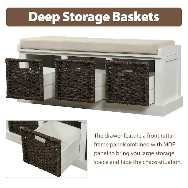 Entryway Storage Bench Removable Linen Cushion 3 Woven Rattan Baskets Leather Pull MDF Frame