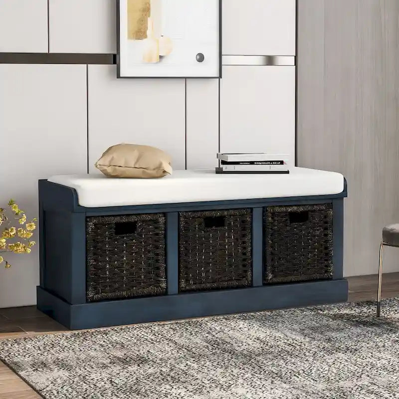 Entryway Storage Bench Removable Linen Cushion 3 Woven Rattan Baskets Leather Pull MDF Frame