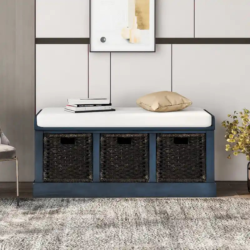 Entryway Storage Bench Removable Linen Cushion 3 Woven Rattan Baskets Leather Pull MDF Frame