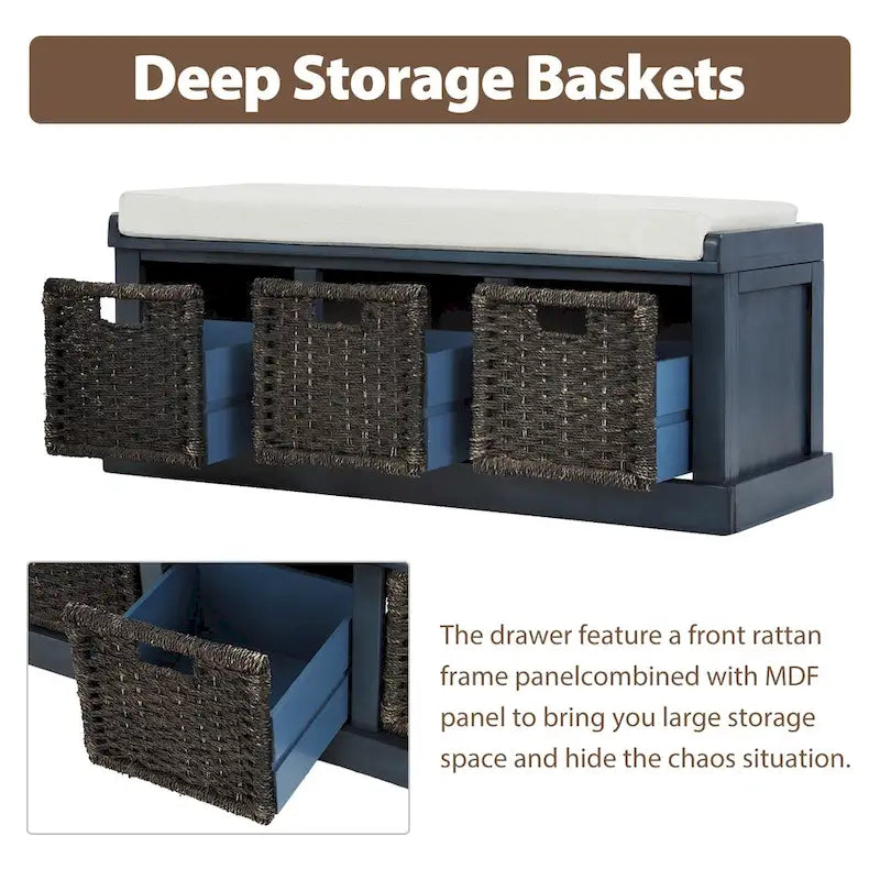 Entryway Storage Bench Removable Linen Cushion 3 Woven Rattan Baskets Leather Pull MDF Frame