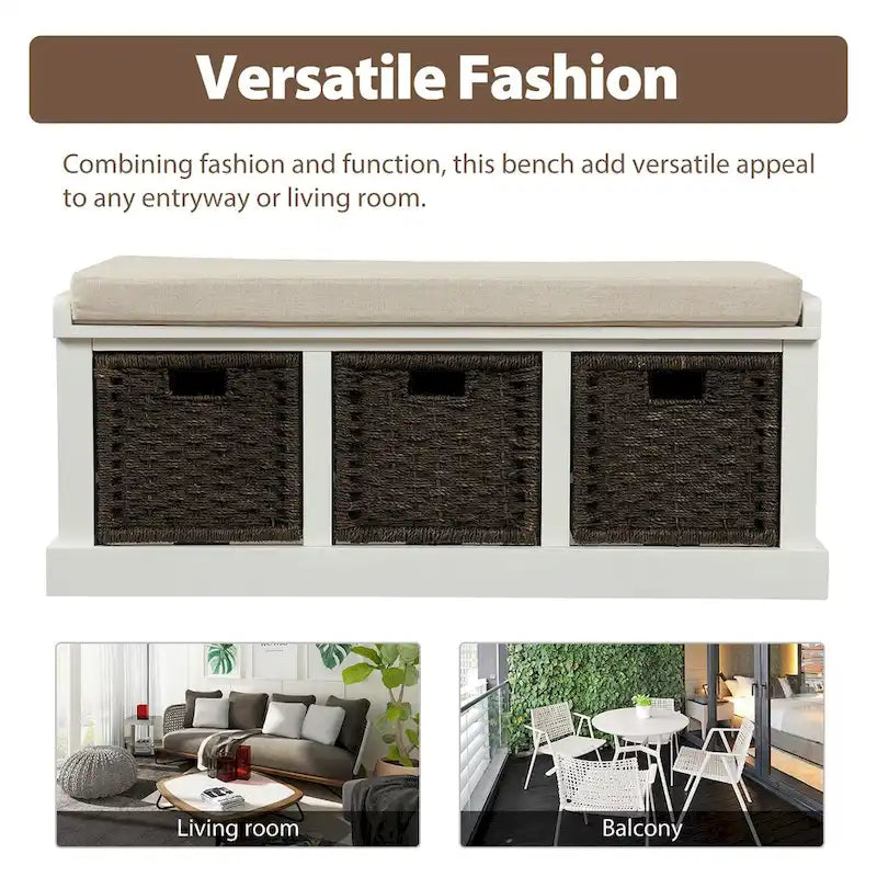 Entryway Storage Bench Removable Linen Cushion 3 Woven Rattan Baskets Leather Pull MDF Frame