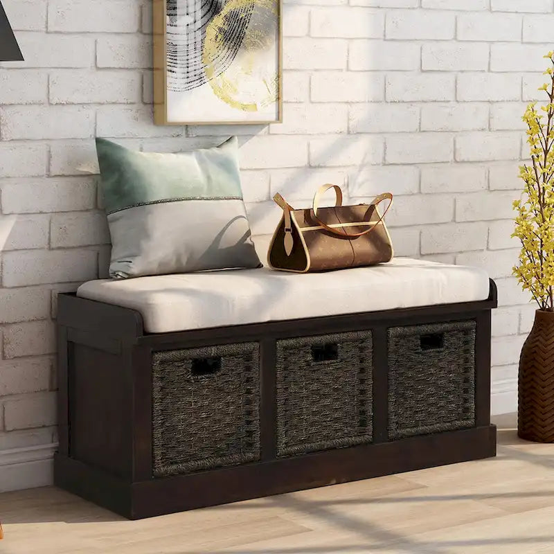 Entryway Storage Bench Removable Linen Cushion 3 Woven Rattan Baskets Leather Pull MDF Frame