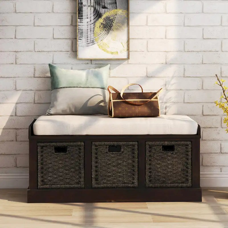 Entryway Storage Bench Removable Linen Cushion 3 Woven Rattan Baskets Leather Pull MDF Frame