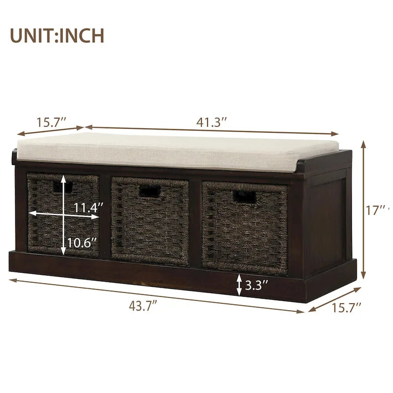 Entryway Storage Bench Removable Linen Cushion 3 Woven Rattan Baskets Leather Pull MDF Frame
