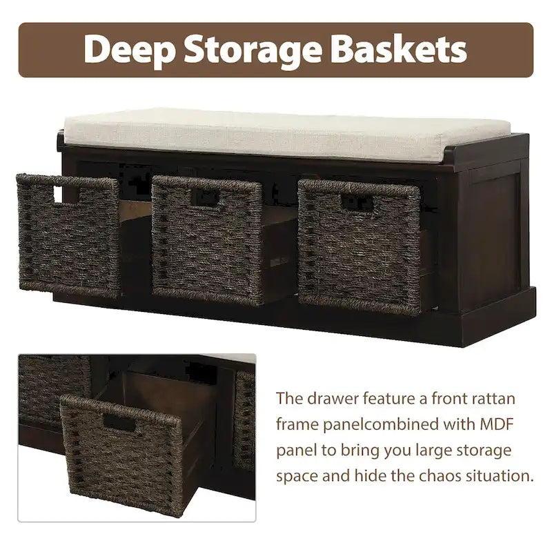 Entryway Storage Bench Removable Linen Cushion 3 Woven Rattan Baskets Leather Pull MDF Frame