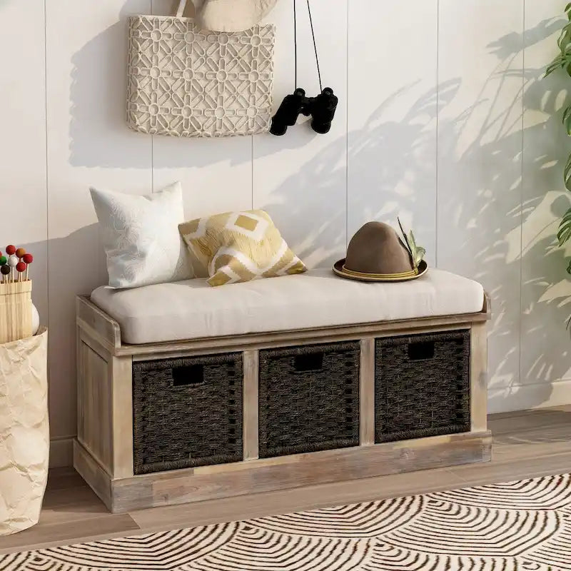 Entryway Storage Bench Removable Linen Cushion 3 Woven Rattan Baskets Leather Pull MDF Frame