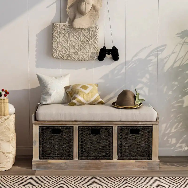 Entryway Storage Bench Removable Linen Cushion 3 Woven Rattan Baskets Leather Pull MDF Frame