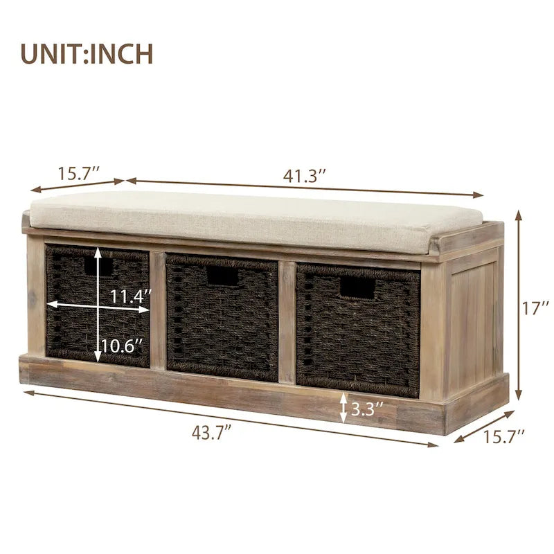 Entryway Storage Bench Removable Linen Cushion 3 Woven Rattan Baskets Leather Pull MDF Frame
