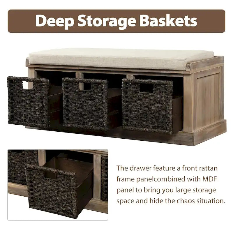 Entryway Storage Bench Removable Linen Cushion 3 Woven Rattan Baskets Leather Pull MDF Frame