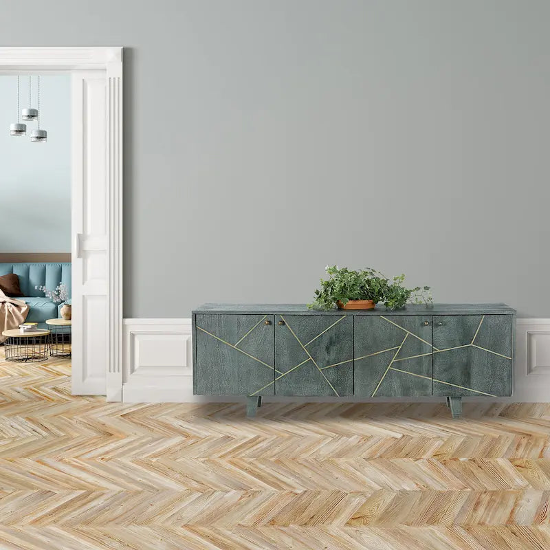 Grey Gold Mango Wood Sideboard 4 Door Geometric Pattern Mid Century Modern Cabinet