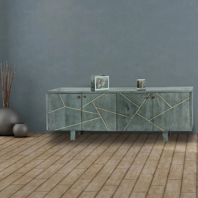 Grey Gold Mango Wood Sideboard 4 Door Geometric Pattern Mid Century Modern Cabinet