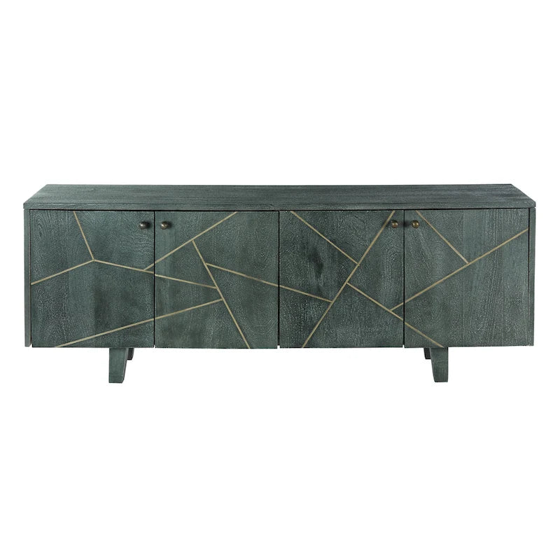 Grey Gold Mango Wood Sideboard 4 Door Geometric Pattern Mid Century Modern Cabinet
